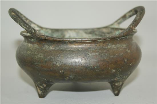 A Chinese bronze ding censer, sixteen character Xuande mark, 19th century or later, width 15.5cm